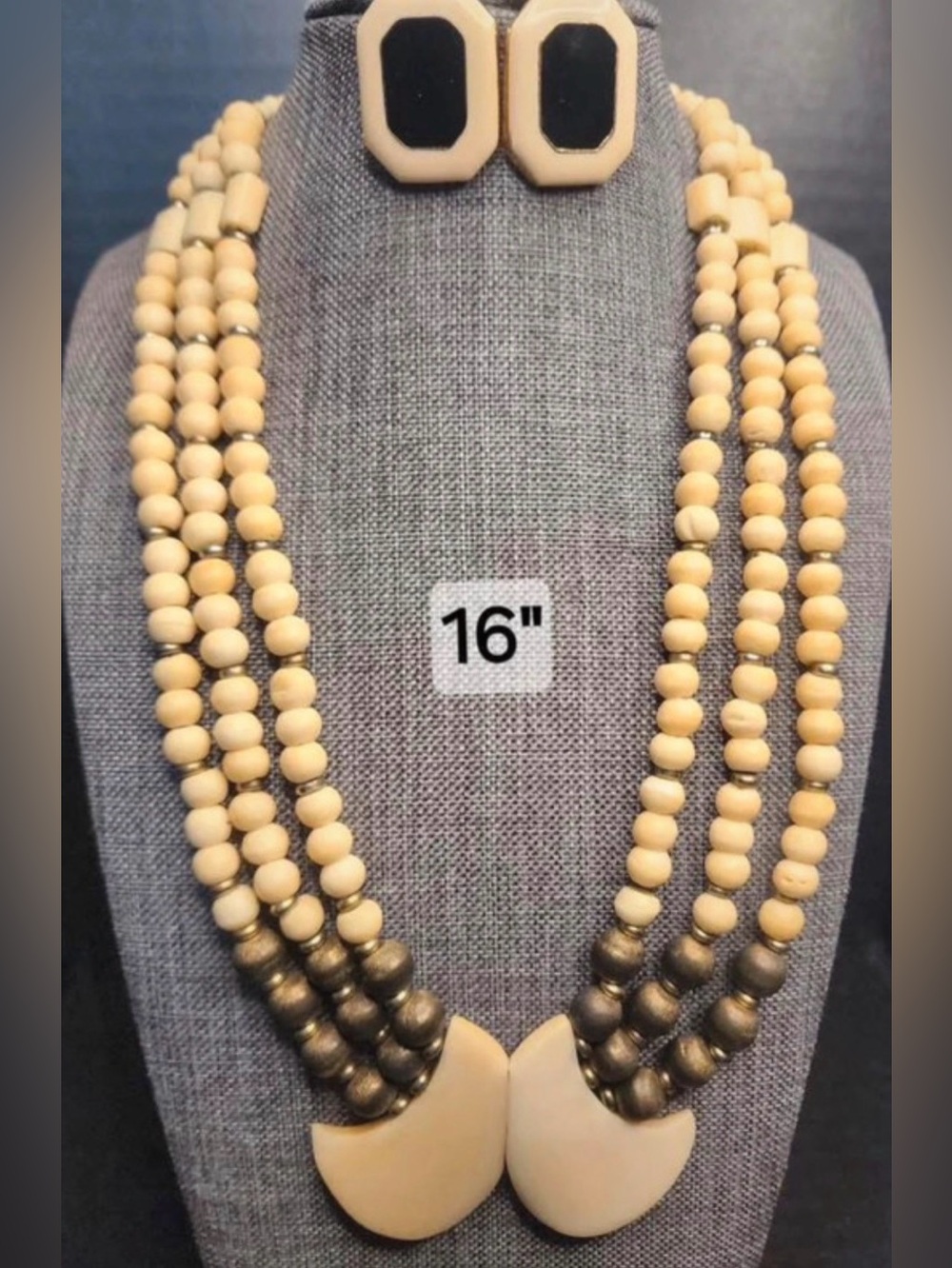 Cream and Gold Multi-Strand Beaded Necklace with Matching Earrings